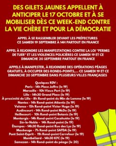 revendications Gilets Jaunes 17 octobre